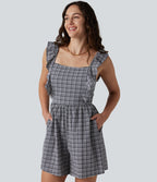 Combinaison short décontractée dos nu torsadé à volants carreaux froissés avec poches, séchage rapide - Easy Peasy