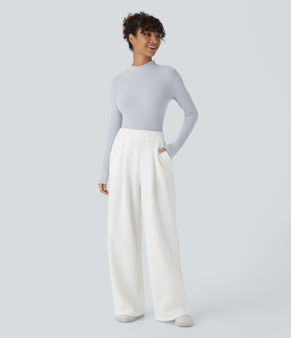 Pantalon Jogging Thermique Taille Haut Jambes Larges Poche Latérale Plissée en Fleece