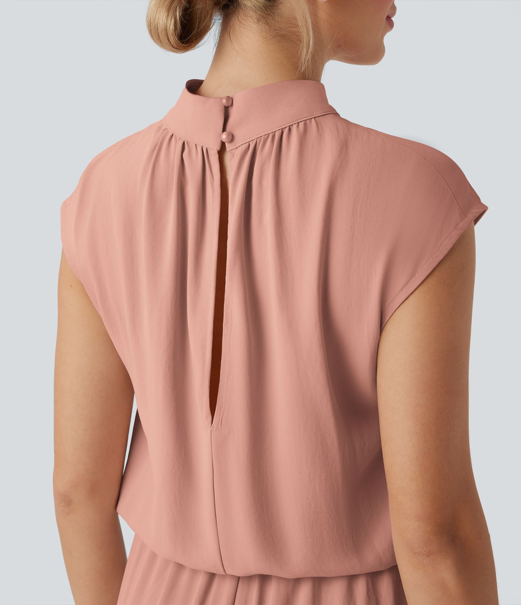 Combinaison pantalon tailleur jambes larges col montant dos goutte d'eau manches courtes avec poches latérales
