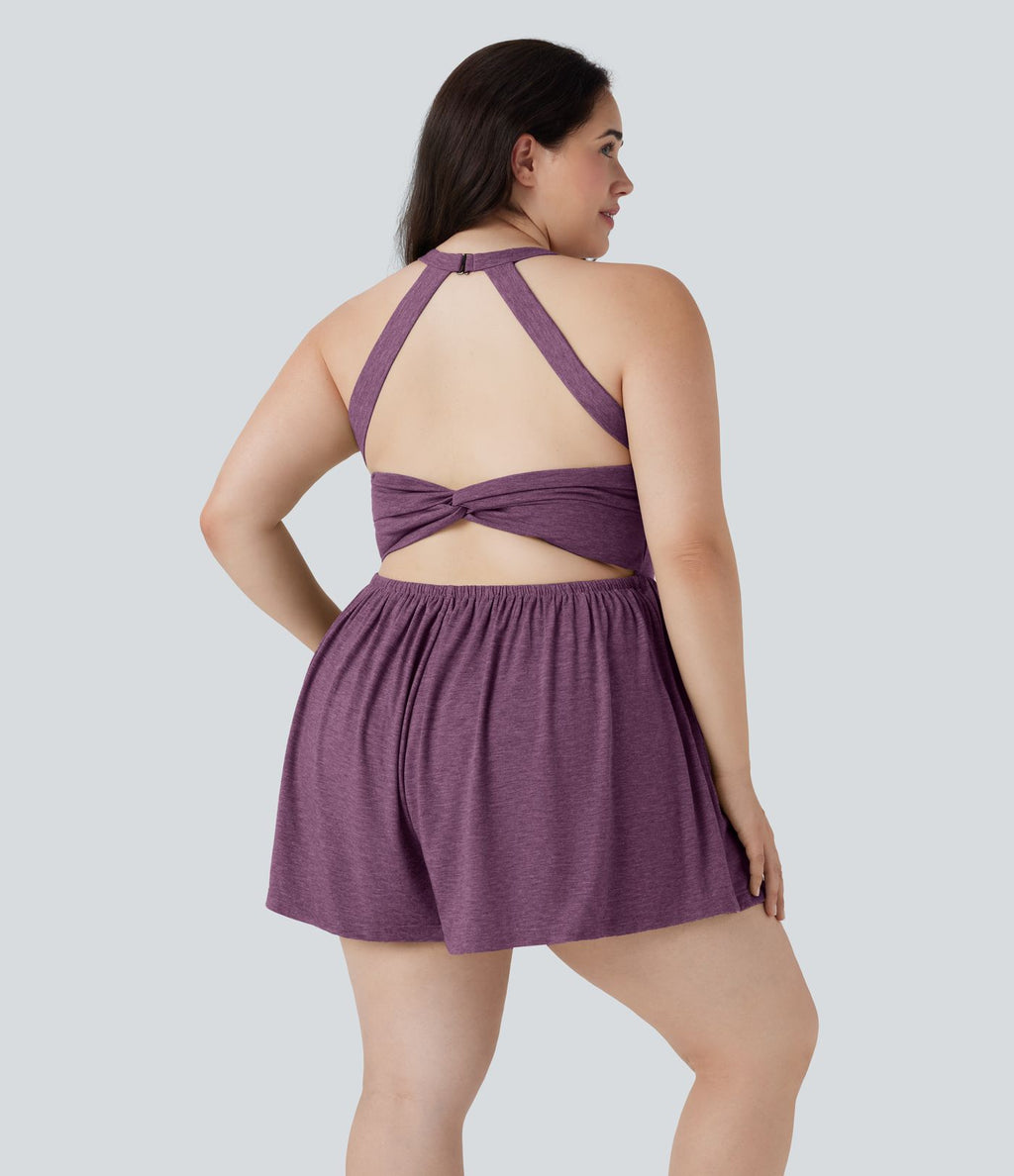 Combinaison-short de séjour grande taille 2-en-1 dos nu torsadée avec poches - Easy Peasy Edition