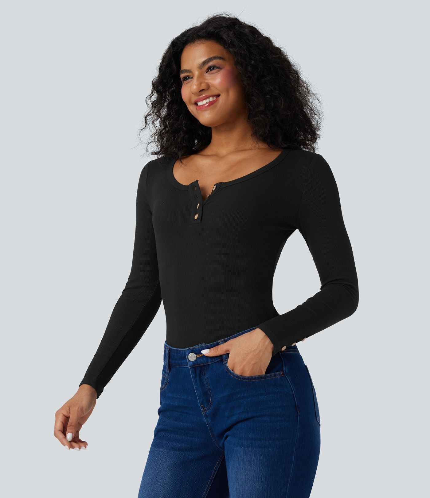 Haut décontracté ajusté maille côtelée henley manches longues