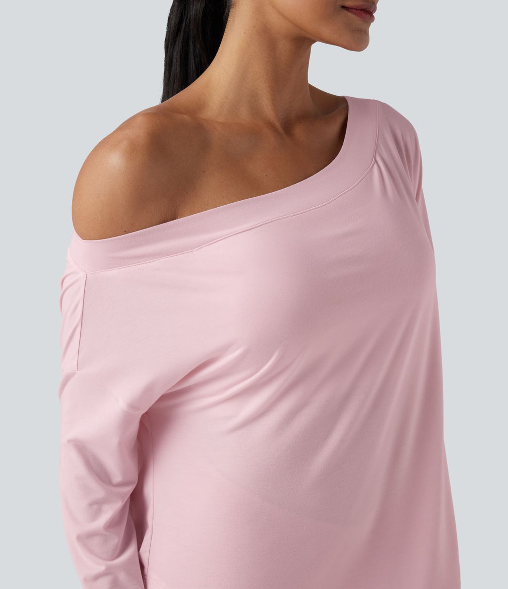 Top de sport yoga une épaule séchage rapide ourlet arrondi asymétrique manches longues avec trous pouces - Brassière intégrée