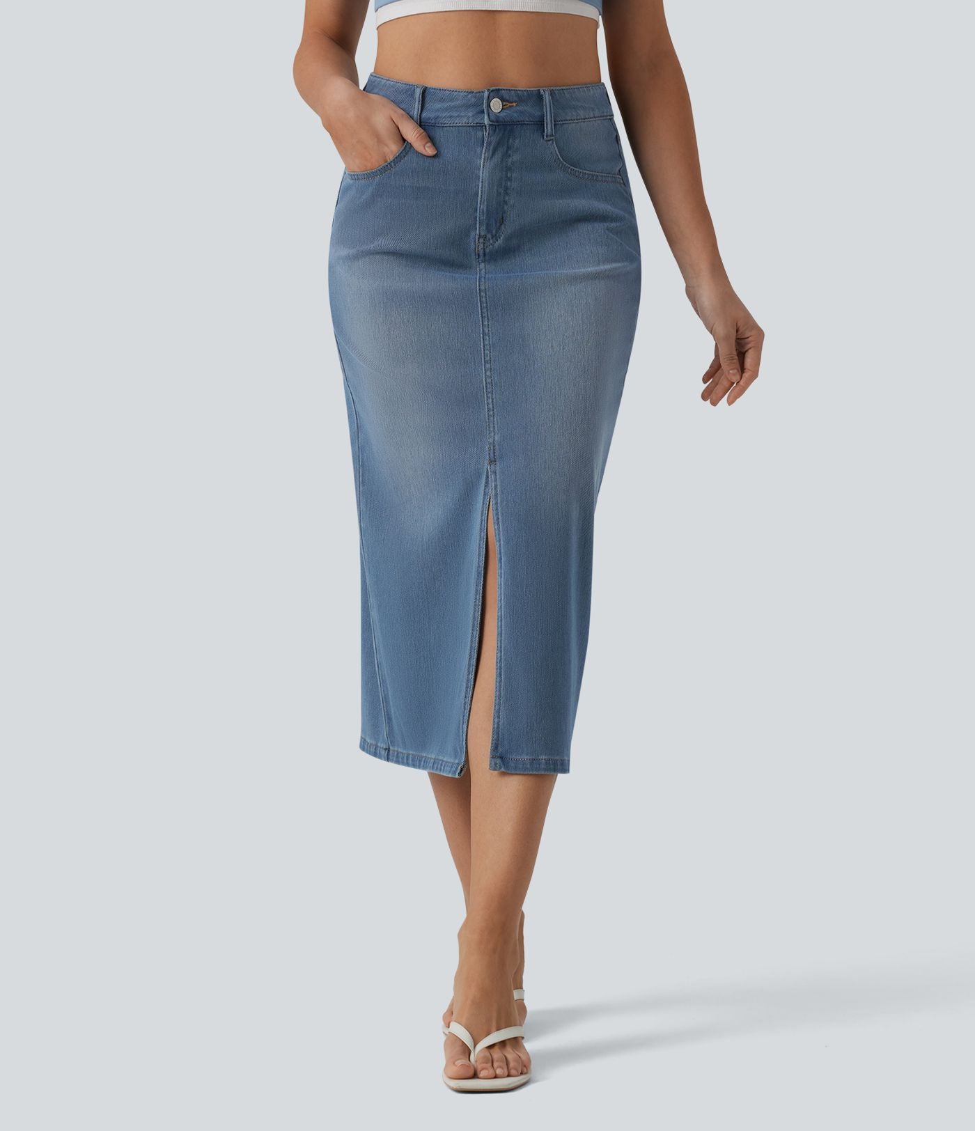 Halara Flex™ Jupe droite midi en denim taille haute avec fente et poches
