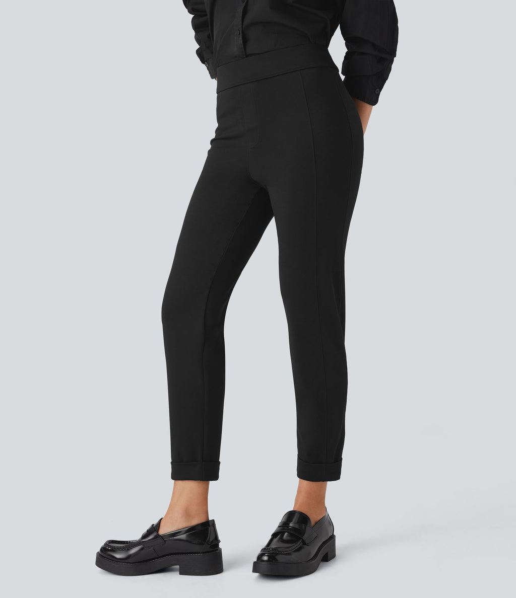 Pantalon fuselé ajusté longueur cheville taille haute ourlet roulotté
