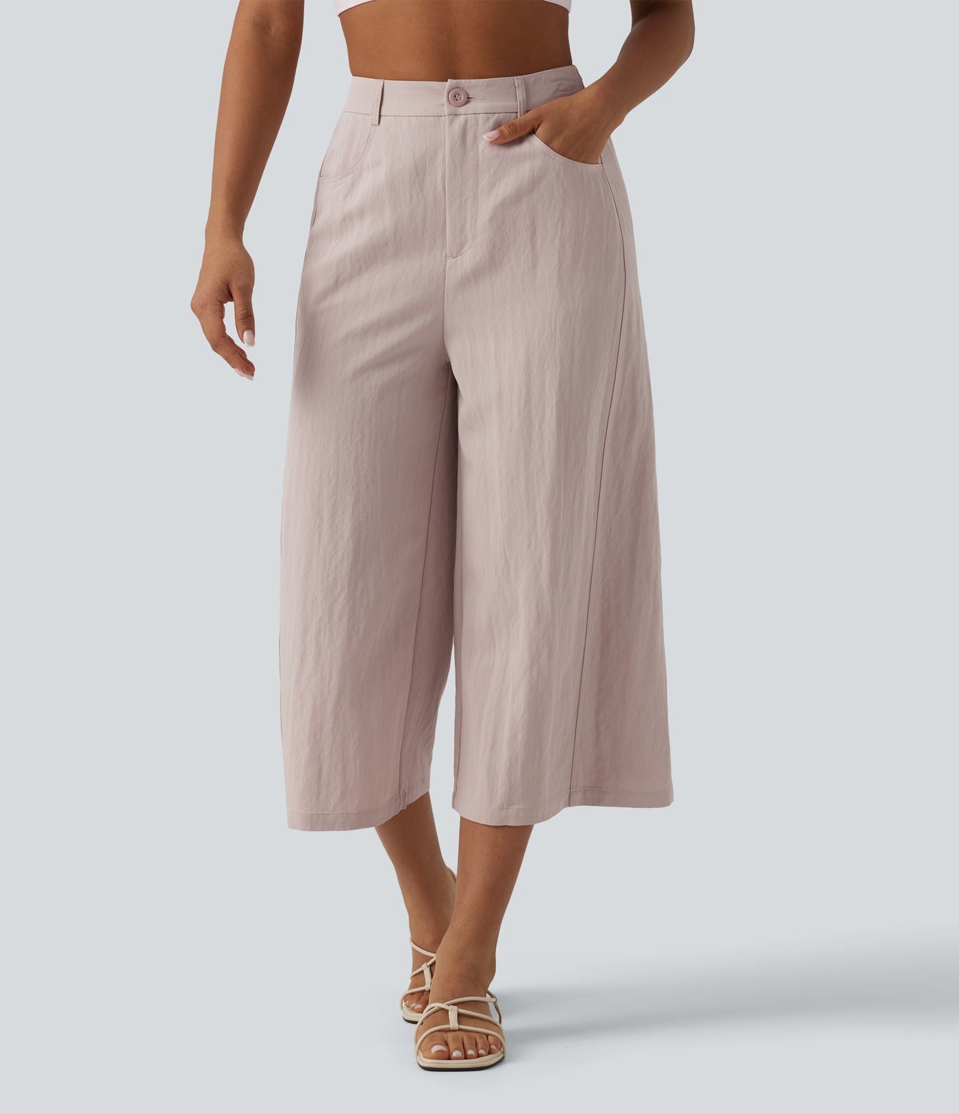 Pantalon large décontracté court taille haute avec poches