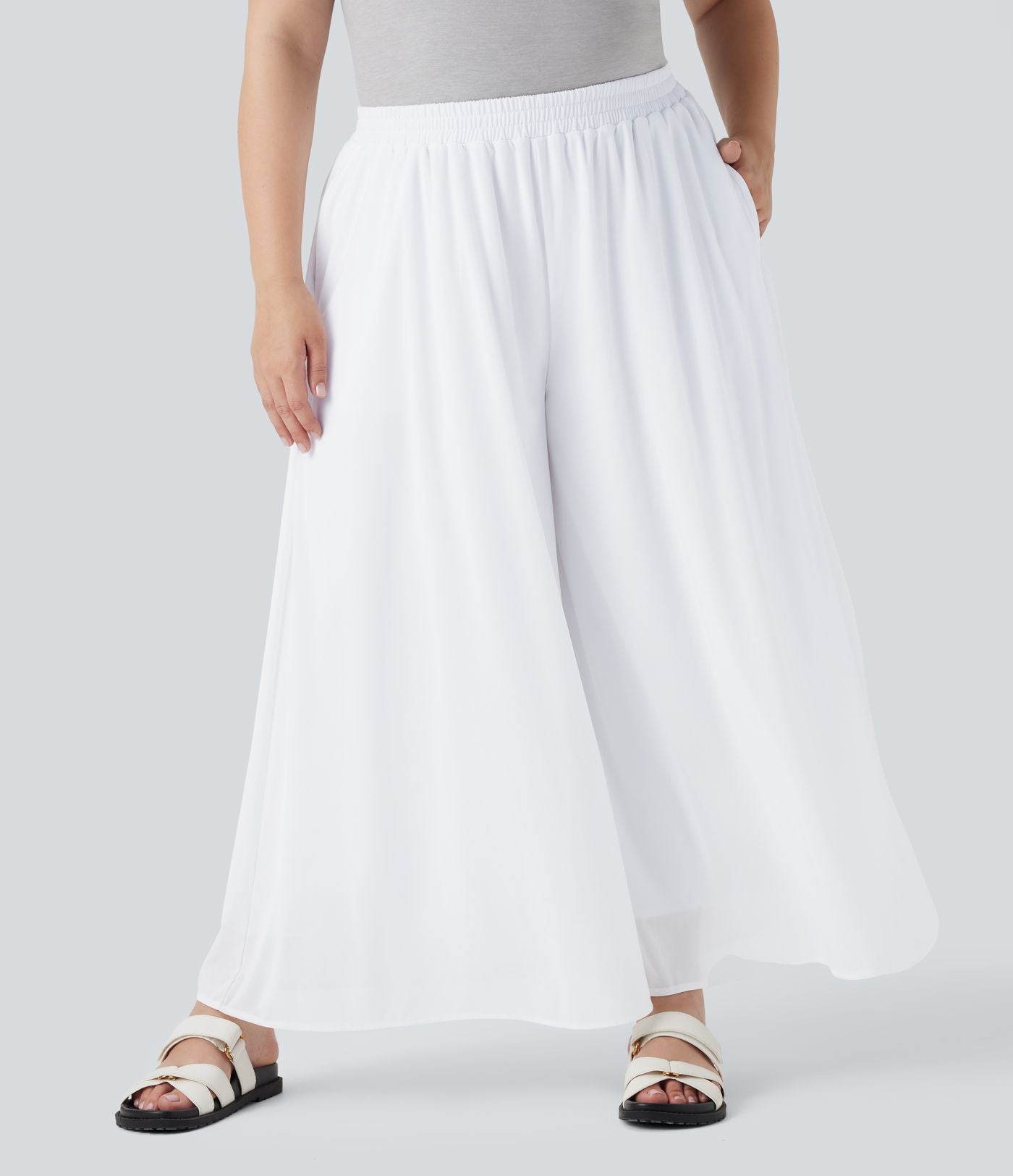 Pantalon décontracté grande taille taille haute large à superposition mesh avec poches latérales