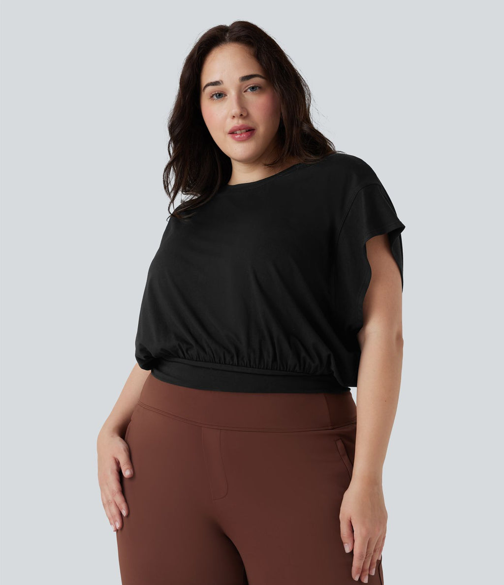 T-shirt de travail grande taille à col rond et manches courtes chauve-souris