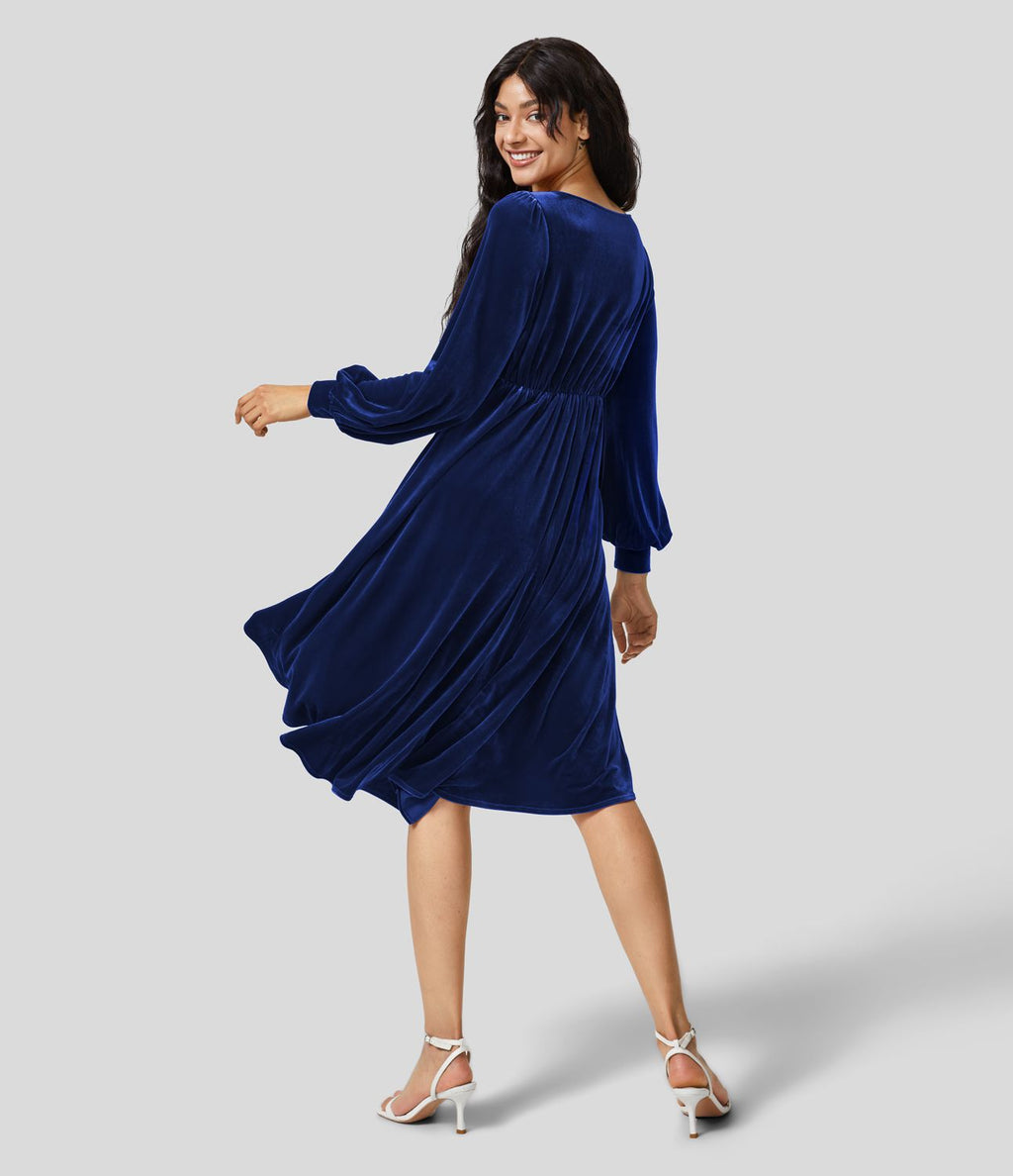 V Neck de Crossover Bishop Long Sleeve High Low Flowy Velvet Midi Casual Dress