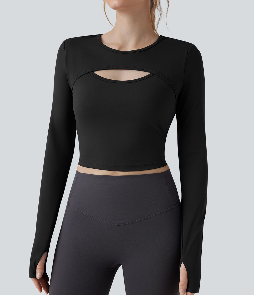 Haut de sport yoga court 2-en-1 col rond à manches longues avec passants pouces et laçage SoftlyZero™ Airy - UPF50+