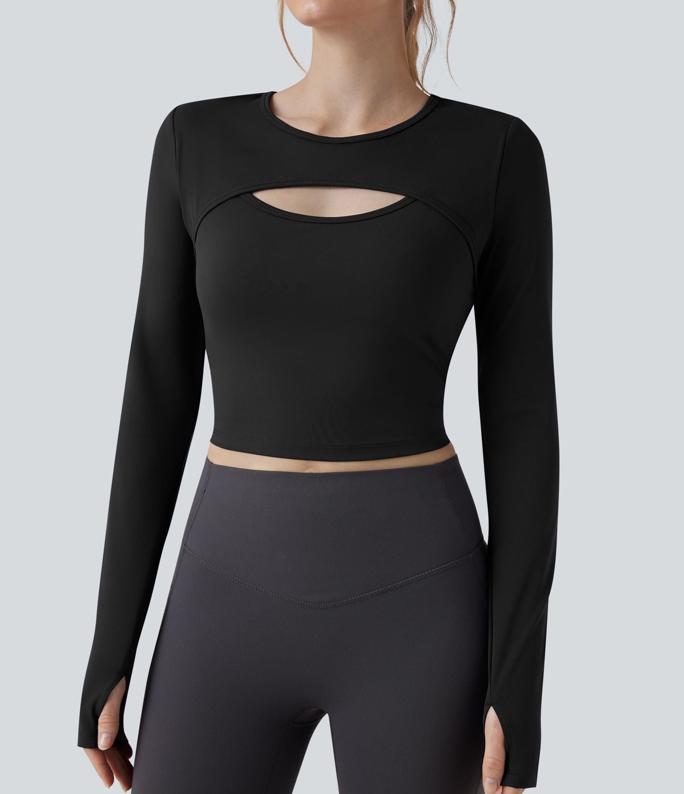 Haut de sport yoga court 2-en-1 col rond à manches longues avec passants pouces et laçage SoftlyZero™ Airy - UPF50+