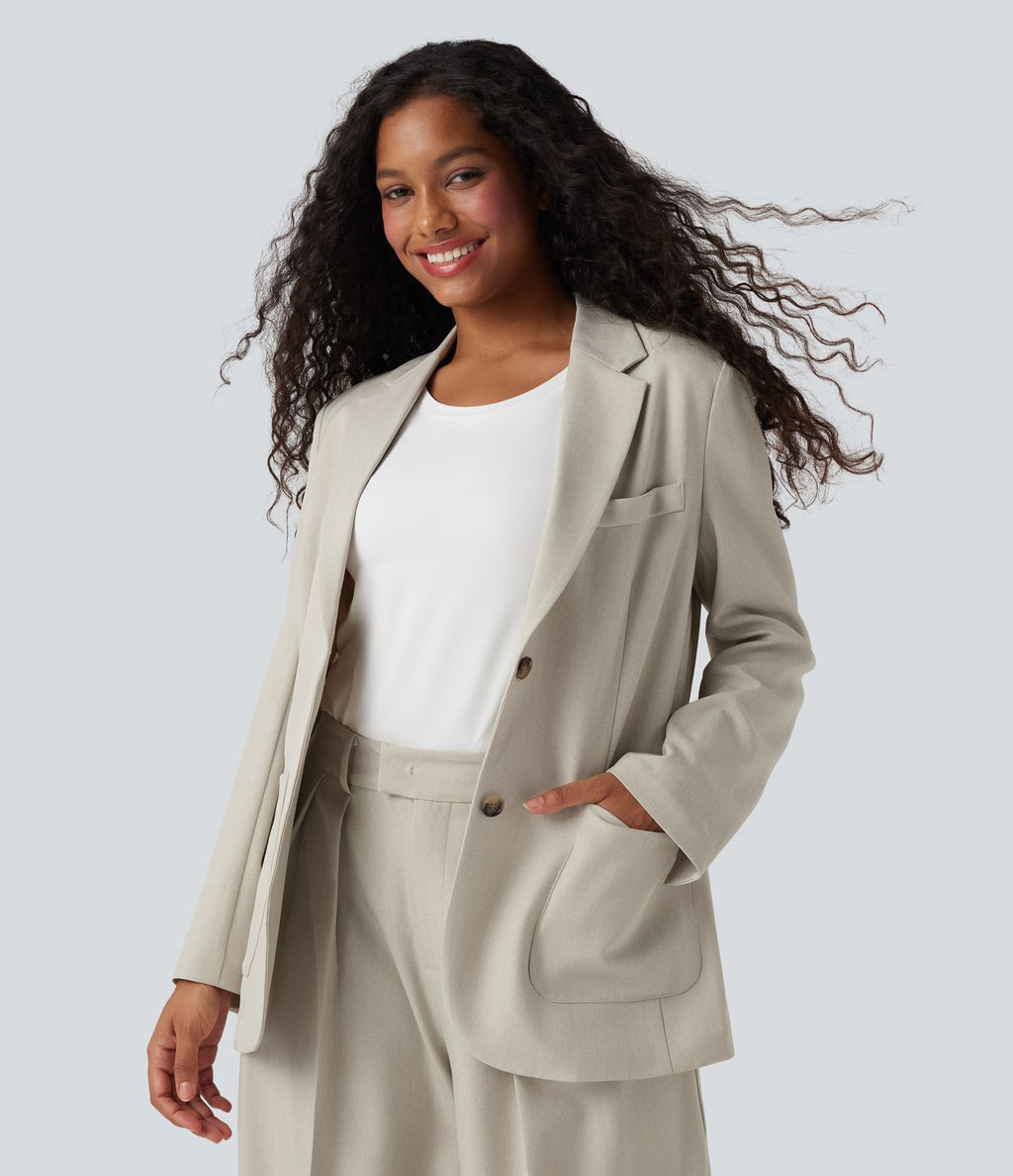 Blazer de travail anti-froissement aspect lin col cranté manches longues avec poches
