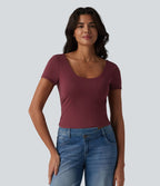 T-shirt casual col U manches courtes avec soutien-gorge intégré, dentelle contrastante et dos à nouer