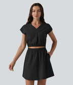 Robe col V manches courtes à découpes en popeline extensible avec poches