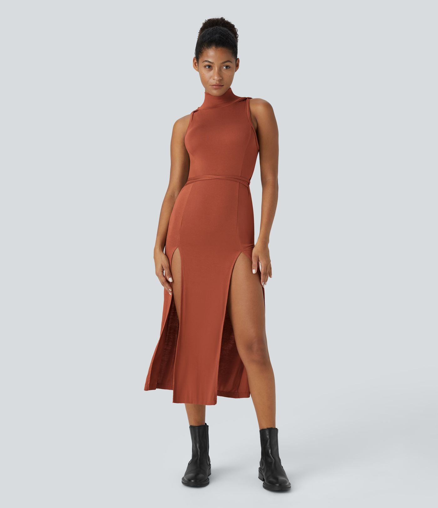 Robe Casual Midi 2 Pièces Capuche Col Montant Sans Manches Fendue avec Découpe Dos Nœud Côtelée
