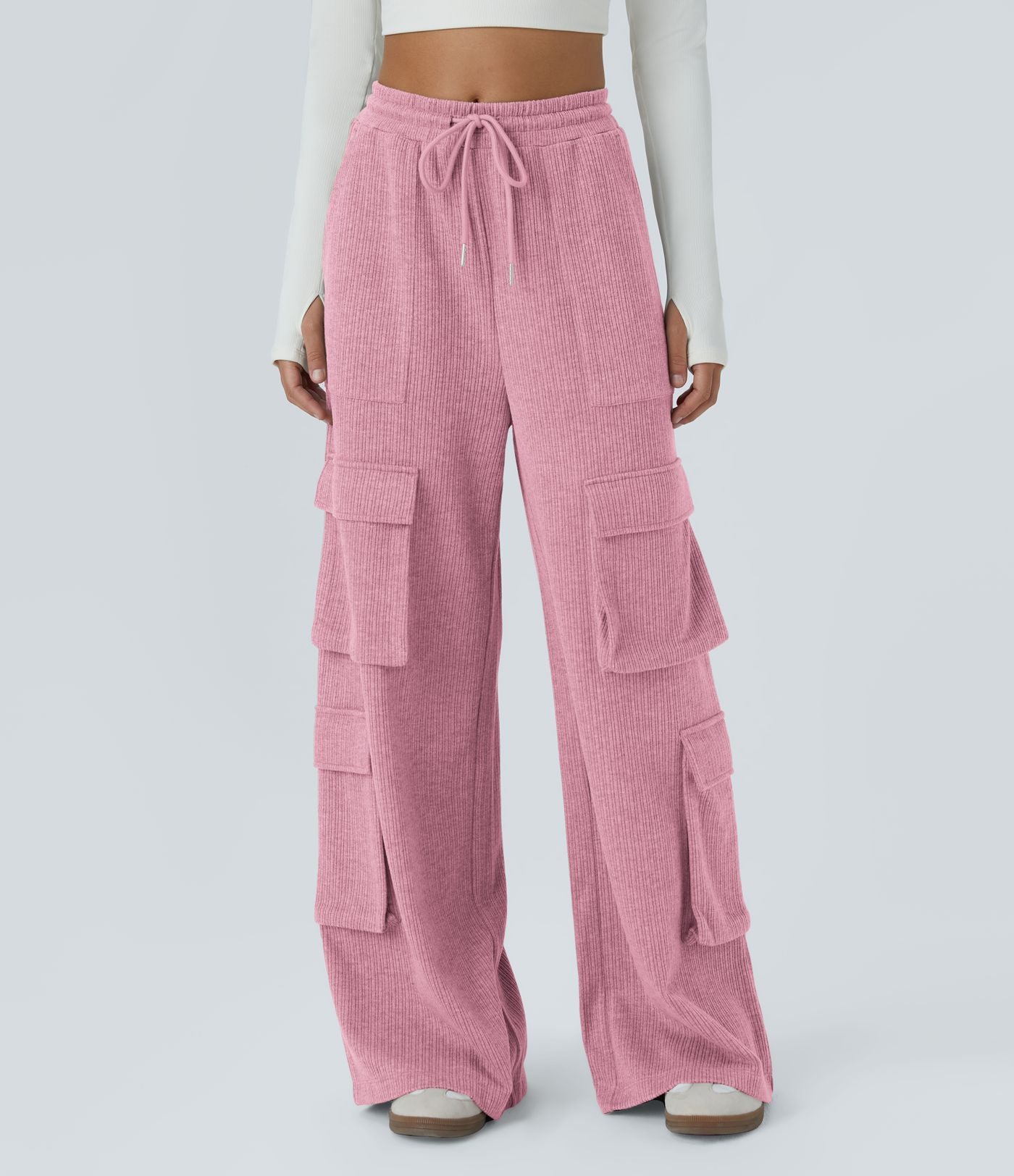 Pantalon cargo décontracté large à cordon côtelé, taille mi-haute, avec poches