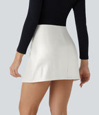 Softlyzero™ Jupe Soirée Mini à Effet Cuir Taille Haute Ourlet Fendu 2-en-1 Poche Côté Imprimé Métallisé Élastique Moulante