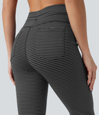 Pantalon de yoga évasé à rayures, taille haute, cordon et poches