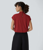 Blouse de Travail à Col Montant Plissée avec Boutons dans le Dos et Manches Courtes