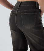 Bermuda décontracté en jean extensible délavé Halara Flex™ taille haute avec revers et multiples poches