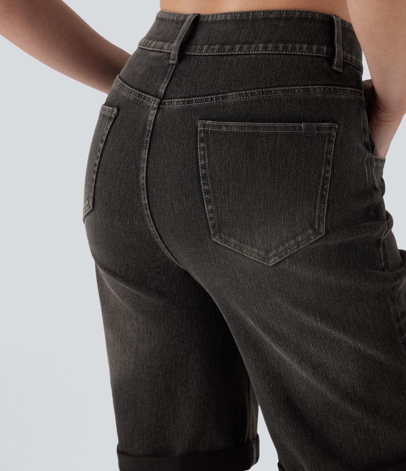 Bermuda décontracté en jean extensible délavé Halara Flex™ taille haute avec revers et multiples poches