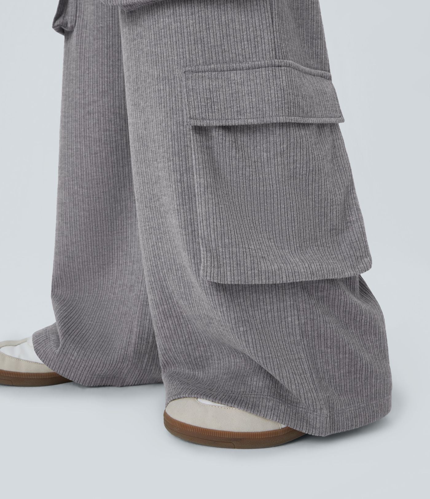 Pantalon cargo décontracté large à cordon côtelé, taille mi-haute, avec poches