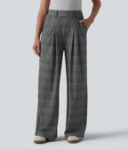 Pantalon large taille haute à carreaux pied-de-poule avec poches