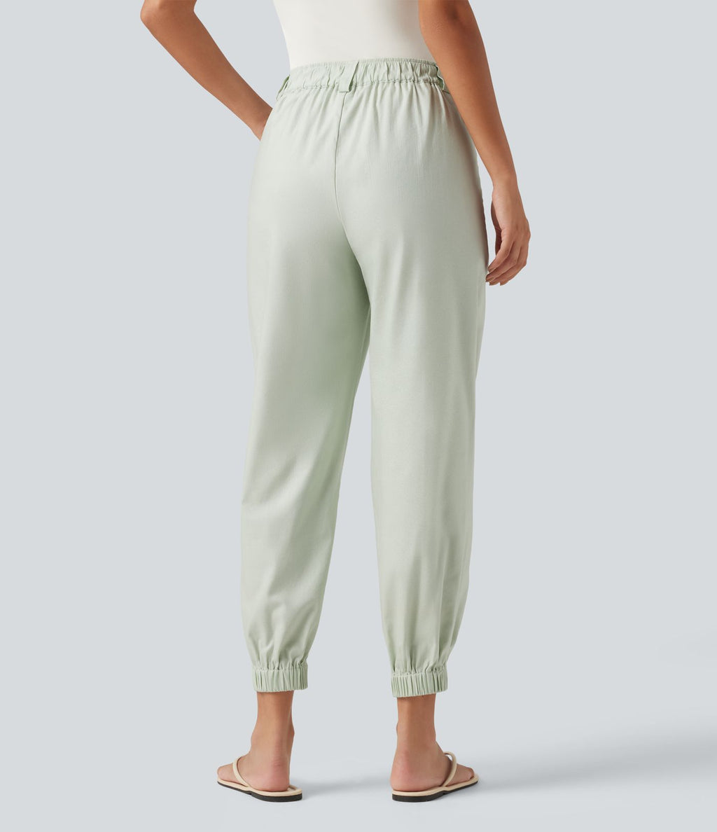 Pantalon jogging décontractée taille mi-haute en coton et lin avec poches