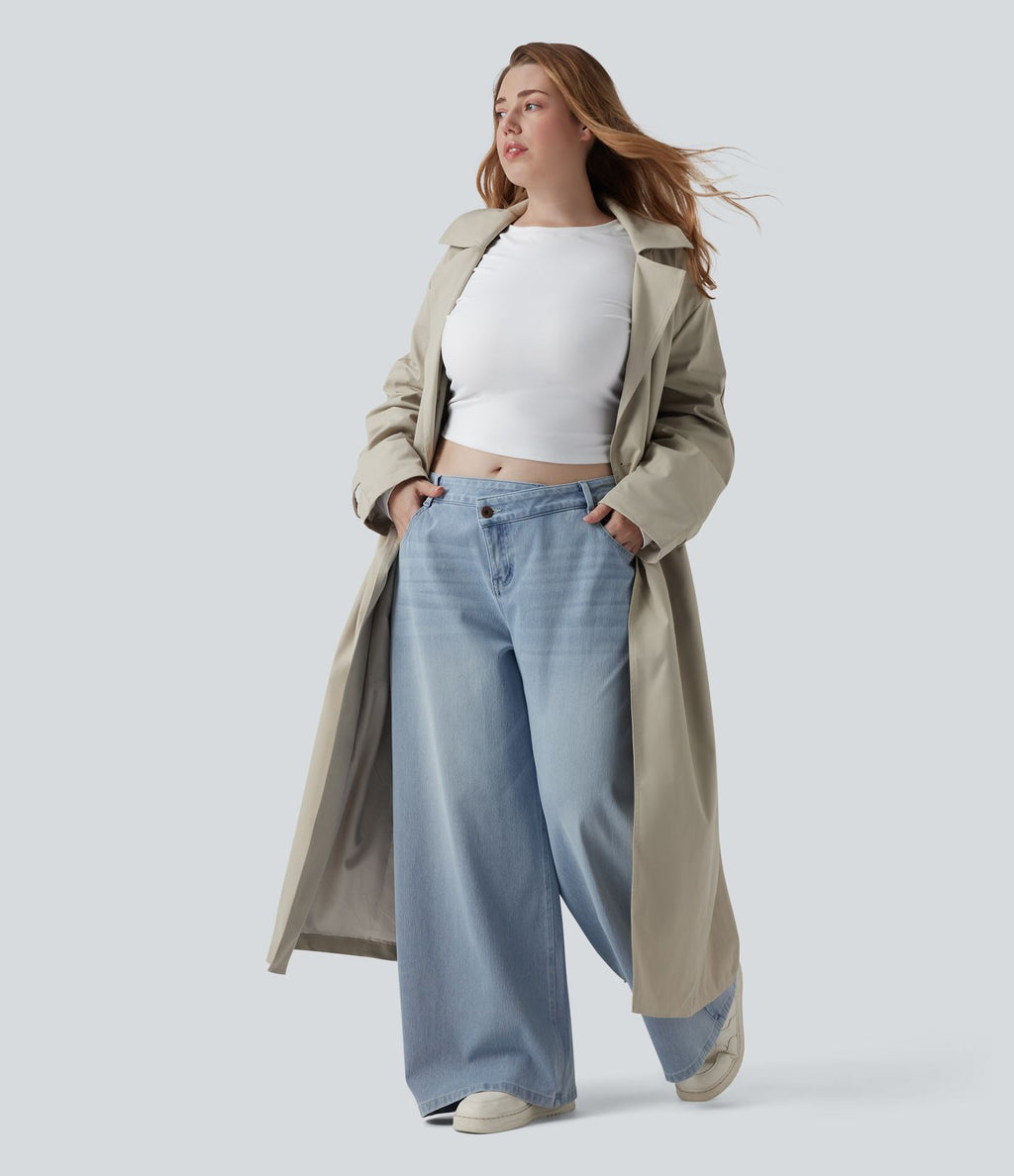 Jean décontracté grande taille Halara Flex™ asymétrique taille basse jambes larges effet délavé avec poches