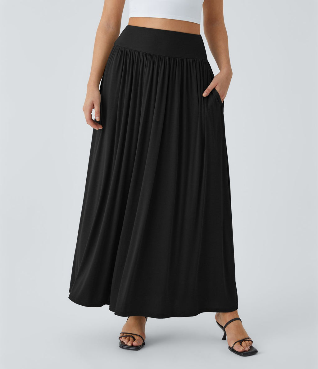 Jupe Maxi Casual Fluide à Taille Haute Côtelée avec Plis et Poches Latérales