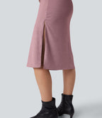 Robe tailleur mi-longue moulante manches courtes froncée