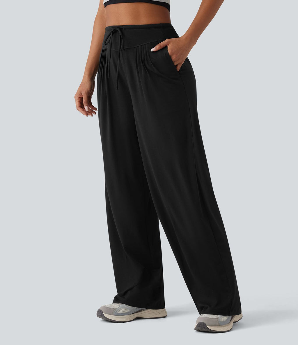 Pantalon casual ample chiné à plis taille haute avec cordon de serrage et poches