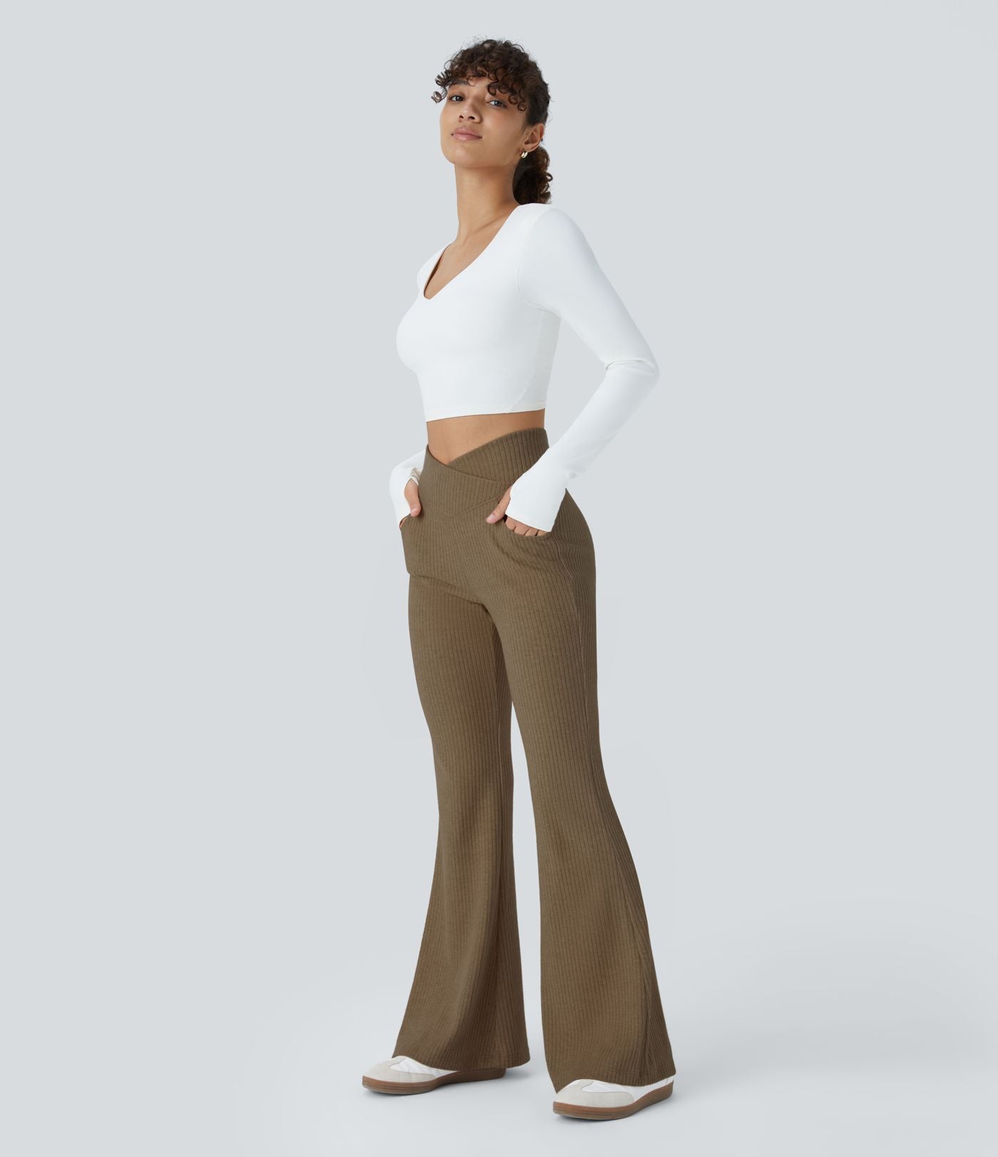 Pantalon Taille Haute Casual Évasés en Tricot Côtelé avec Poches Latérales et Croisé