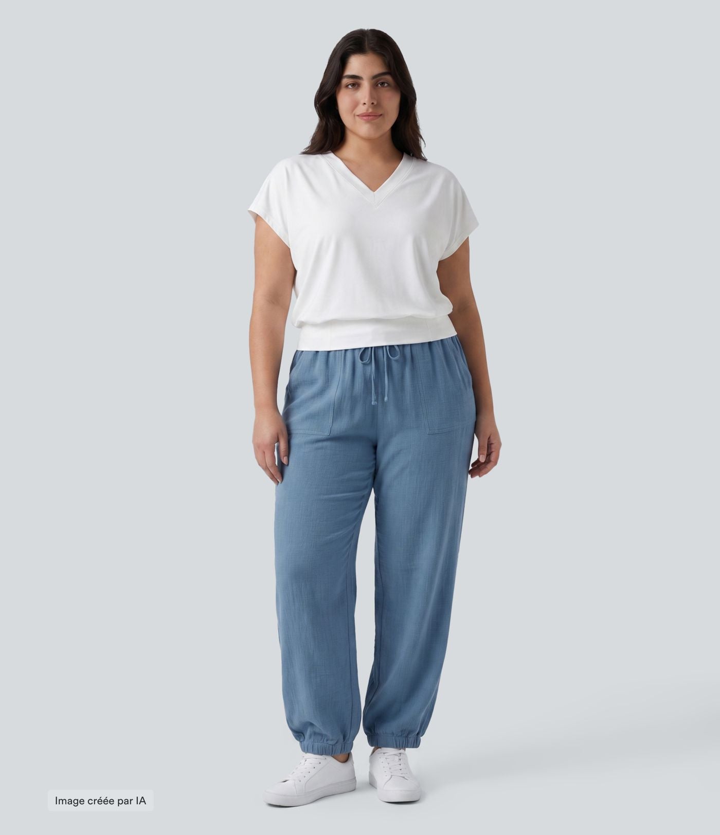 Haut de yoga grande taille oversize à col V, manches courtes, toucher frais et séchage rapide