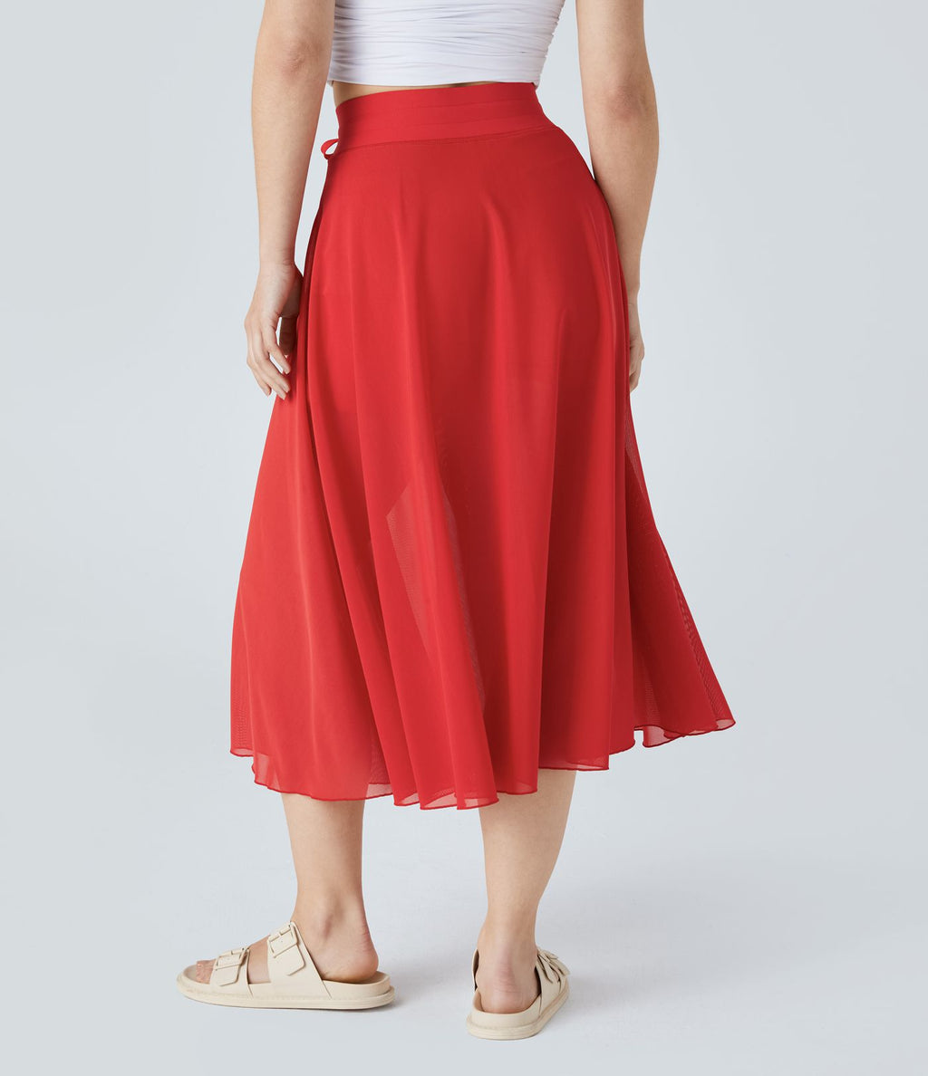 Jupe Casual Évasée Mesh Mi-Longue Fuide 2 en 1 Contrastée Taille Haute Cordon Poche Latérale