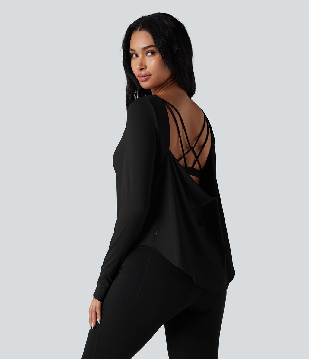 Top de sport yoga 2-en-1 SoftlyZero™ Airy dos nu croisé ourlet arrondi manches longues avec trous pouces - UPF50+