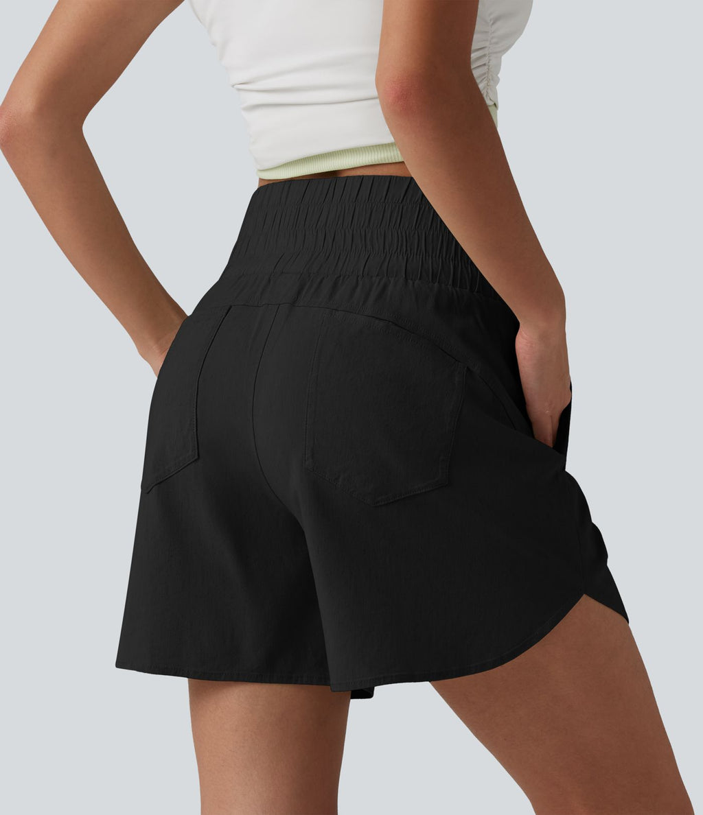 Short décontracté en lin extensible taille haute ourlet arrondi 12,5 cm avec poches