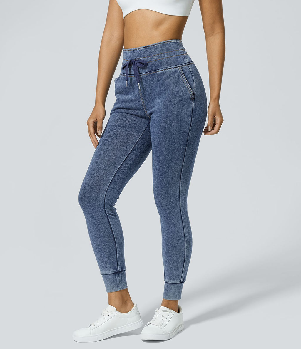Halara Flex™ Jean Casual Taille Haute avec Cordon de Serrage et Poches Latérales en Tricot Extensible Lavé