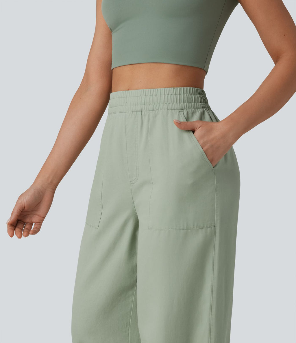Pantalon large fluide décontracté taille haute en lyocell et lin mélangé avec cordon de serrage intérieur et poches