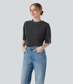 Halara Flex™ T-shirt casual en denim à col rond et manches courtes