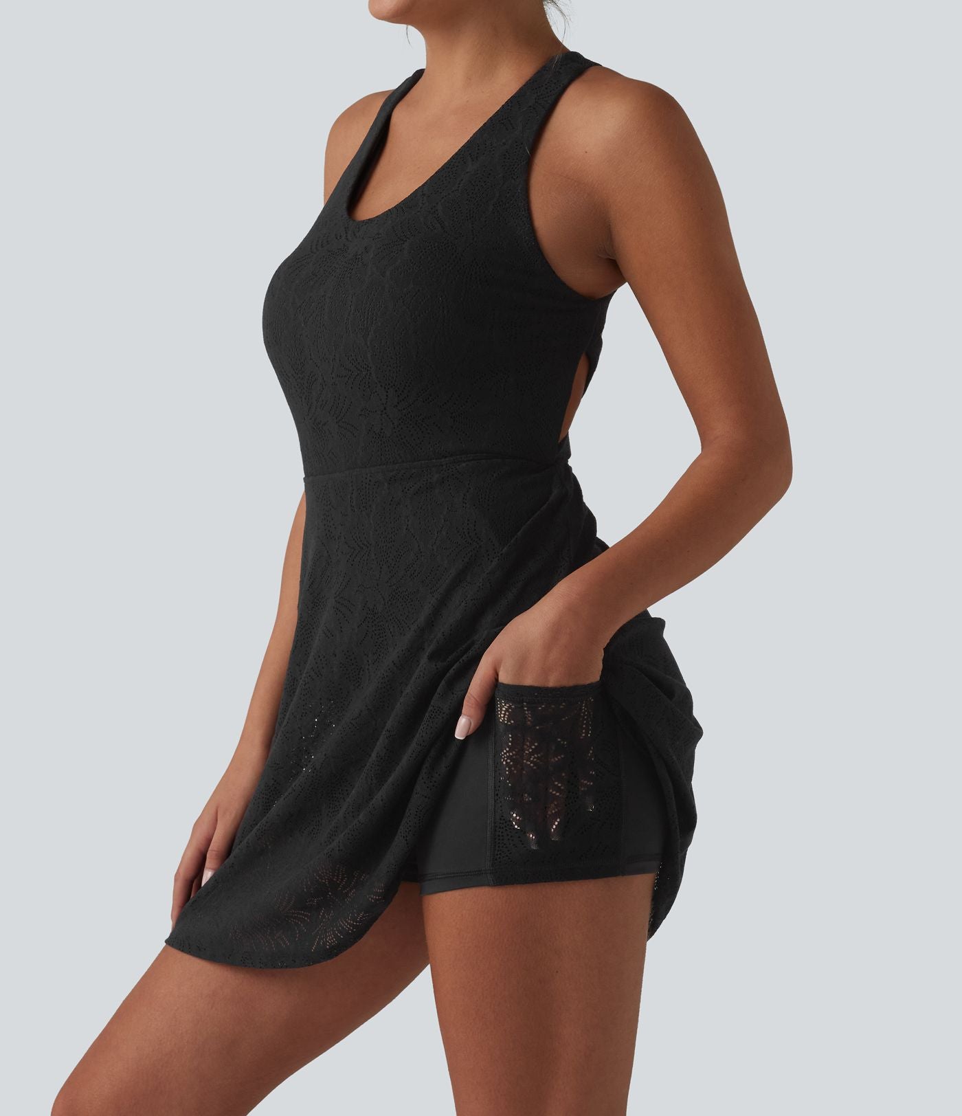 Robe de yoga évasée 2-en-1 SoftlyZero™ QuickDry avec soutien-gorge intégré, dentelle contrastée et poches - Édition Easy Peasy