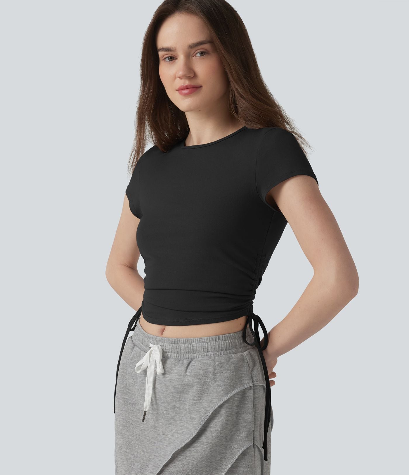 Halara T-shirt décontracté en jersey de coton à col rond, cordon de serrage, dos froncé et ouverture goutte