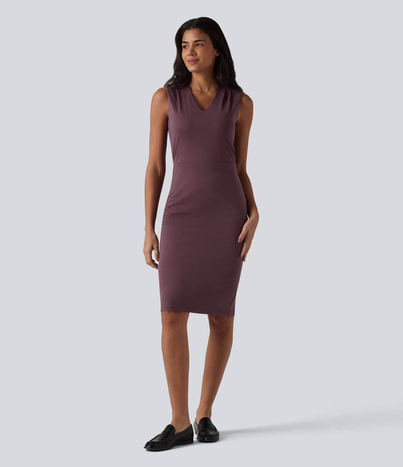 Robe midi tailleur sans manches col V ventre plat avec gainant intégré
