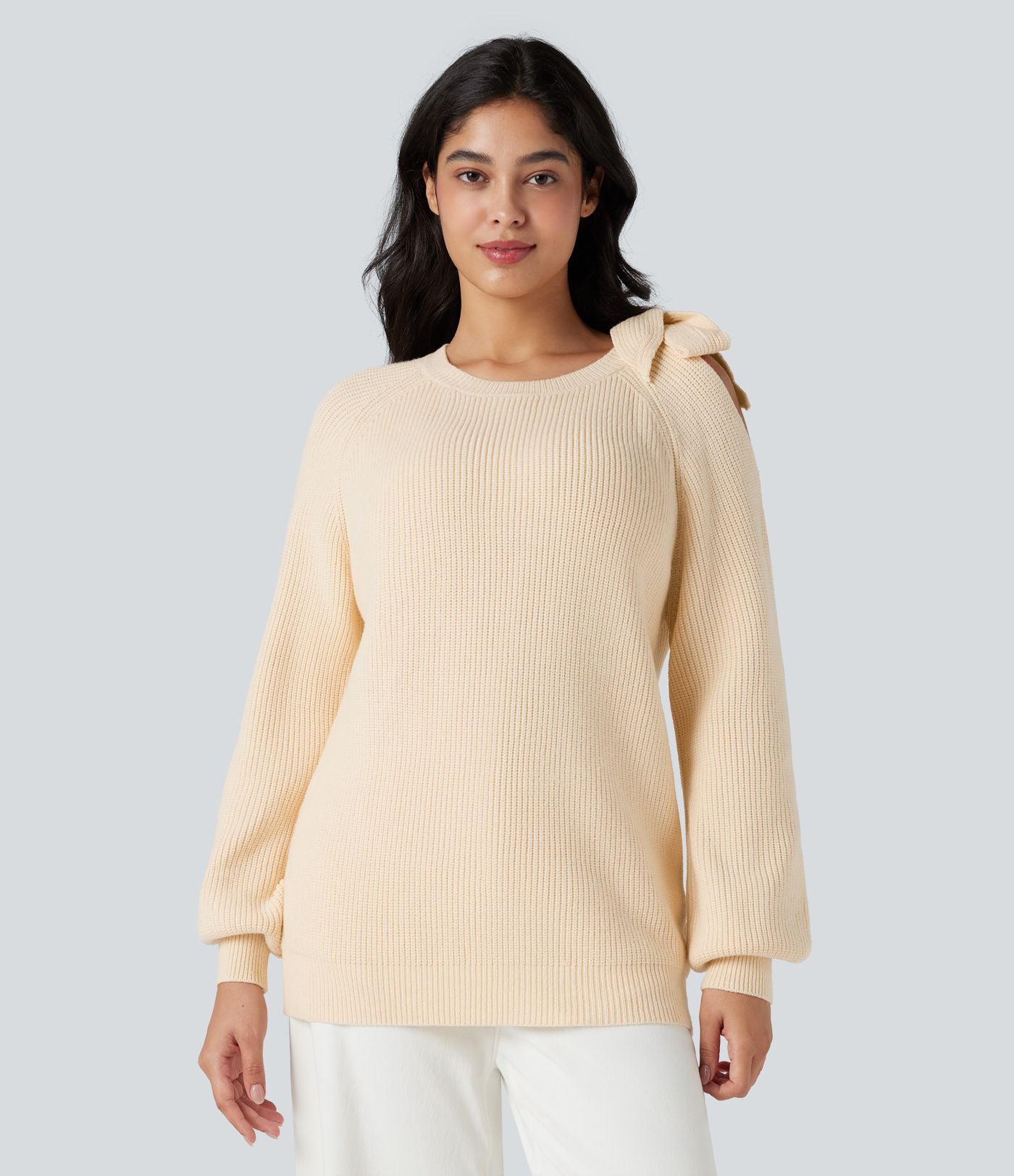 Top tricot col rond nœud latéral manches longues