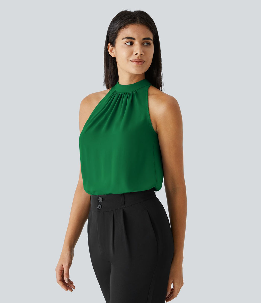 Blouse Travail Sans Manches Ourlet Courbé Col Haut Découpe au Dos Plis