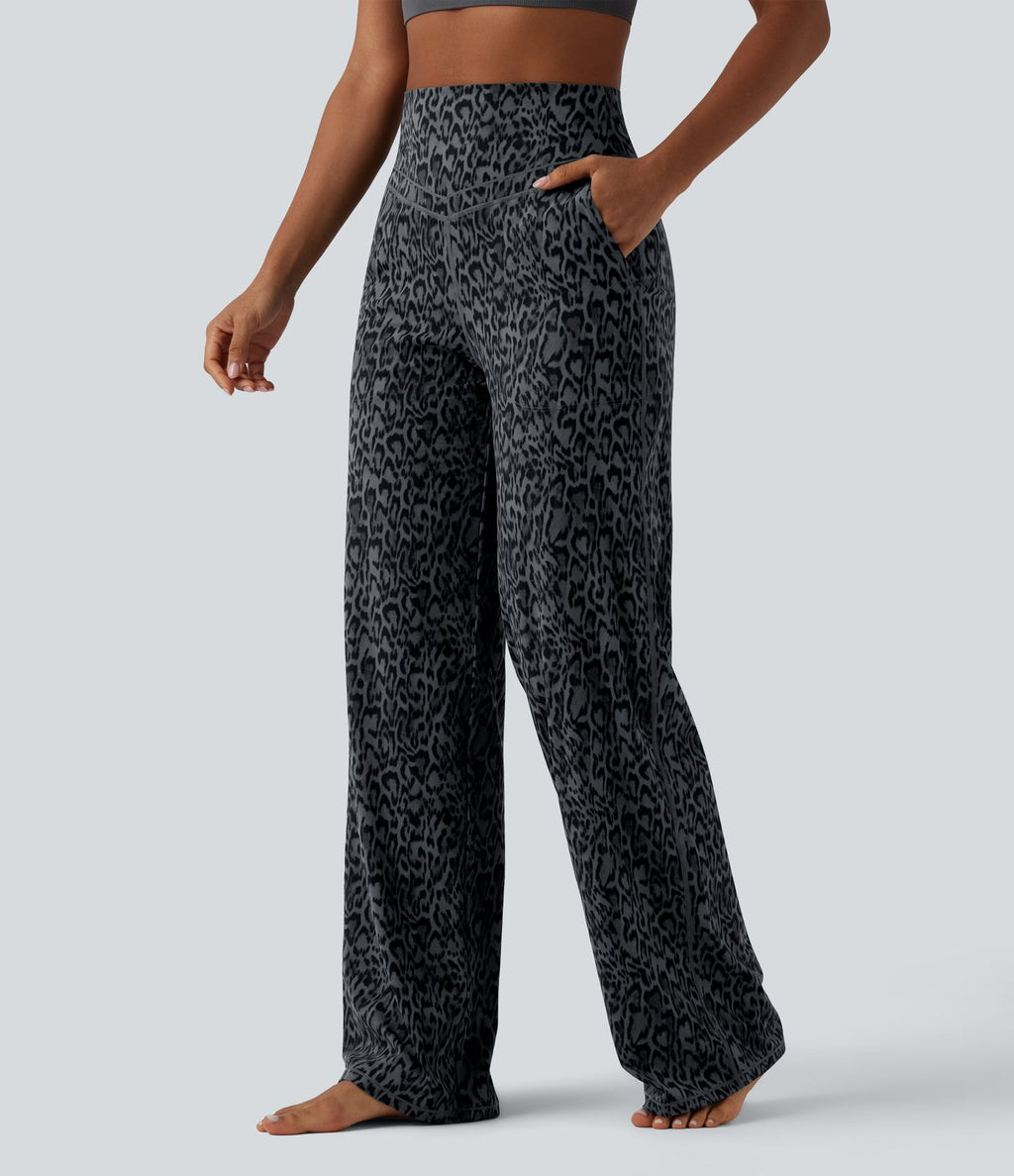 Pantalon de yoga jambes droites taille haute gainant imprimé léopard Halara UltraSculpt™ avec poches