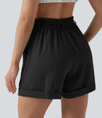 Short resort 12,5 cm taille haute effet lin avec ourlet roulotté et poches