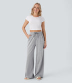 Pantalon large décontracté taille haute avec cordon de serrage et poches latérales