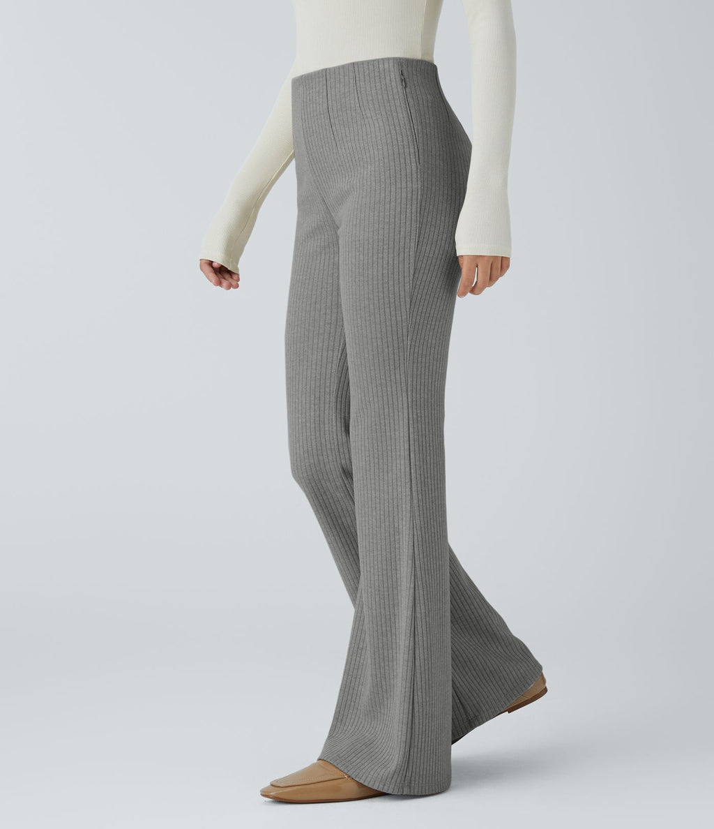Pantalon décontracté évasé en maille côtelée à taille haute et poches zippées latérales