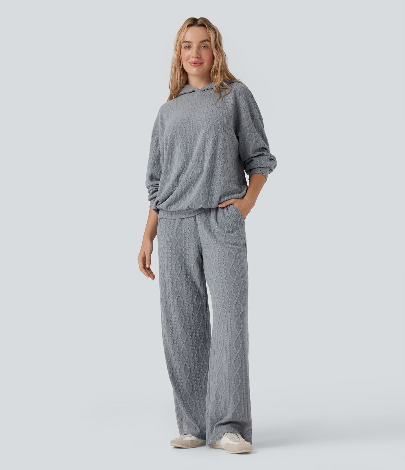 Pantalon décontracté taille haute maille torsadée avec cordon de serrage et poches