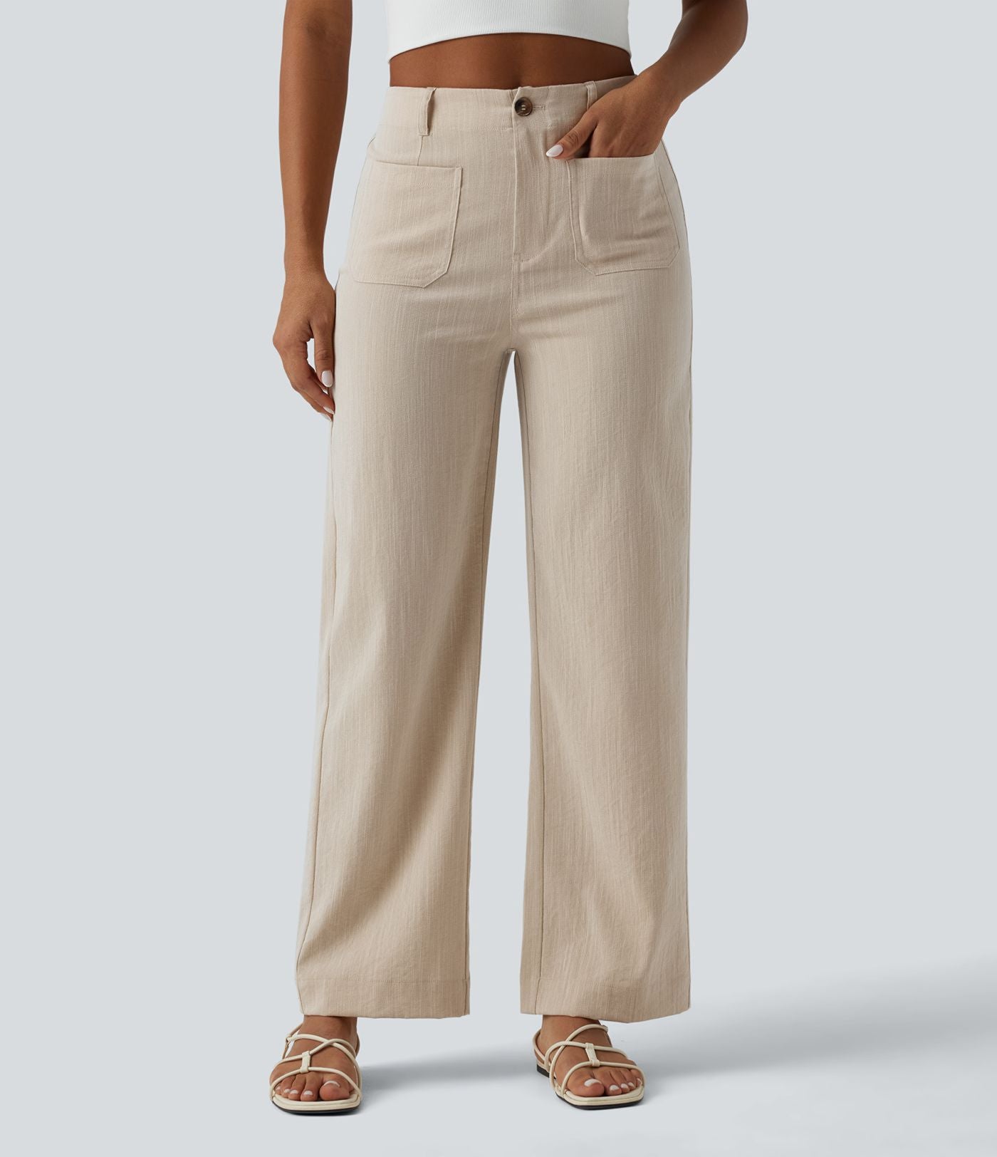 Pantalon taille haute coupe droite effet lin avec poches